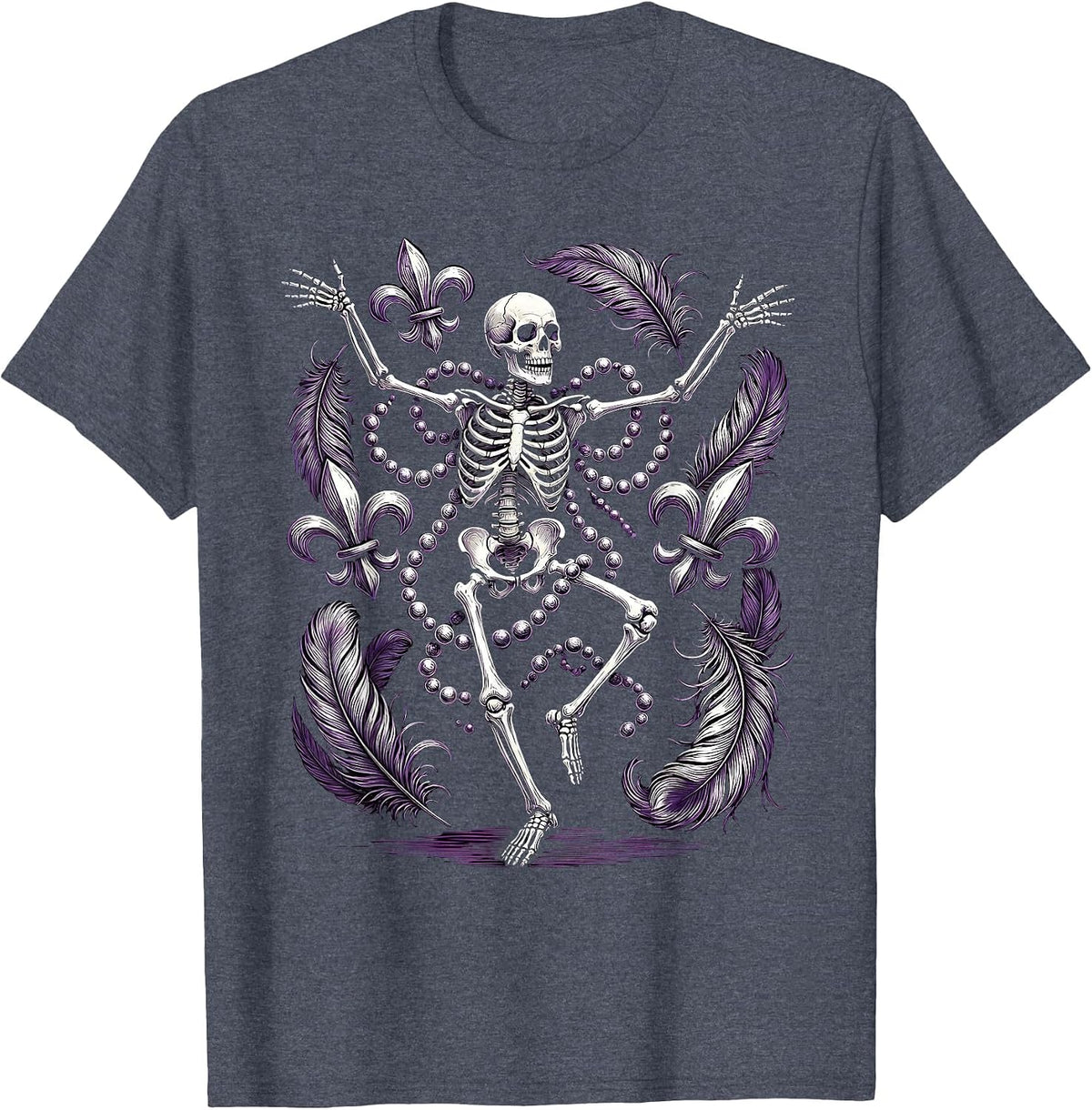 Skeleton Mardi Gras Beads Festive Dancing Design T-Shirt - Heather Blue