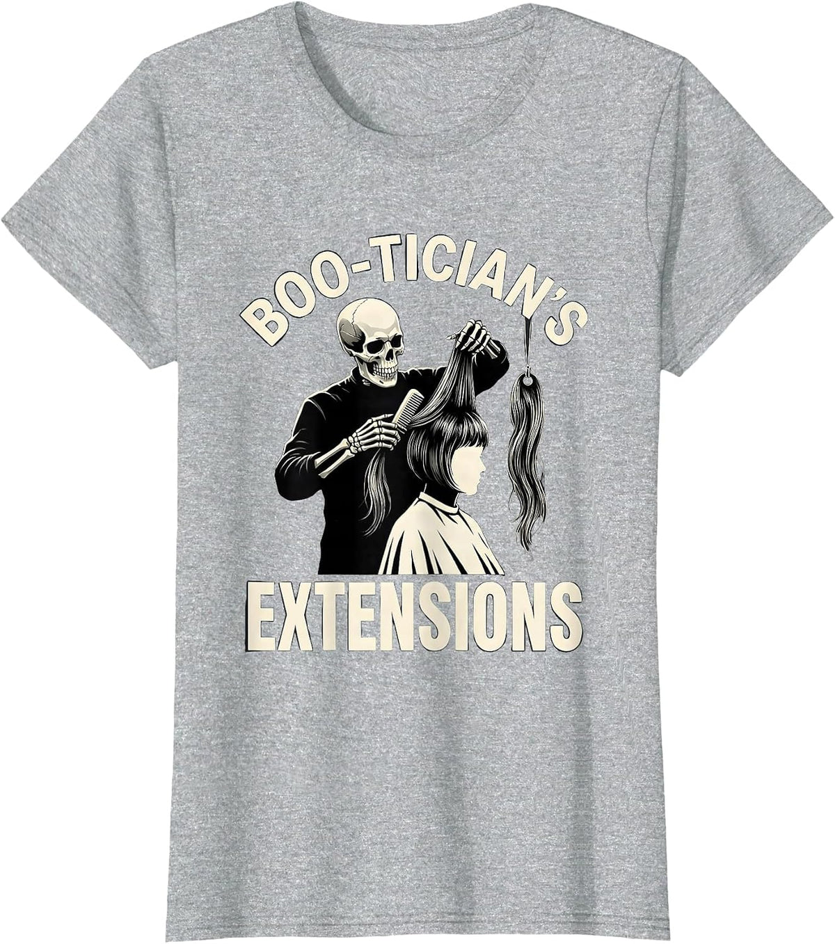 Women's Boo-tician's Extensions Skeleton Hairstylist Halloween Humor T-Shirt - Heather Grey