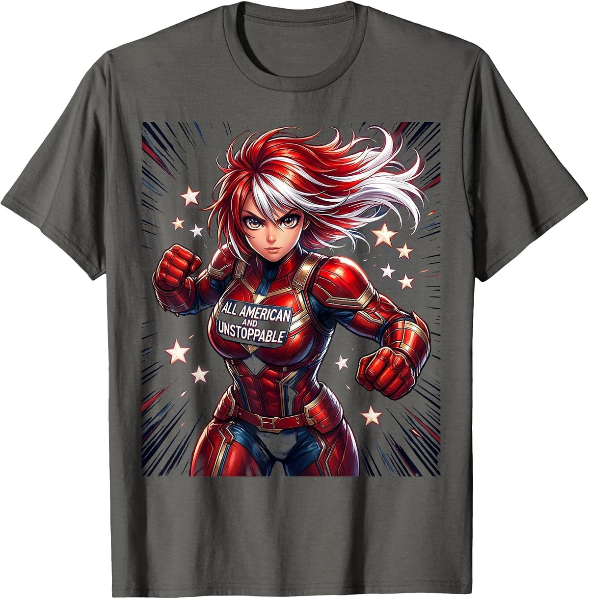 All-American and Unstoppable Patriotic Design T-Shirt - Asphalt Grey