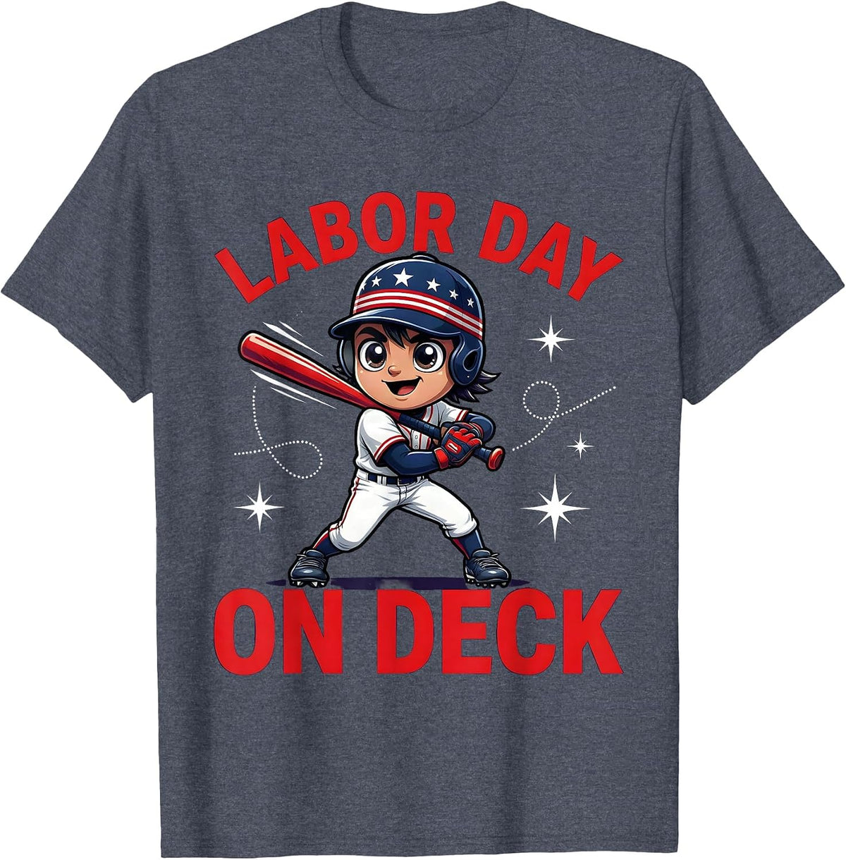 LABOR DAY ON DECK Funny Baseball Player Holiday T-Shirt - Heather Blue