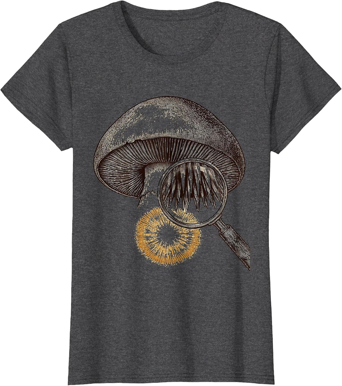 Women's Oversized Hedgehog Mushroom Crosshatch Etching Mycology T-Shirt - Dark Heather Grey