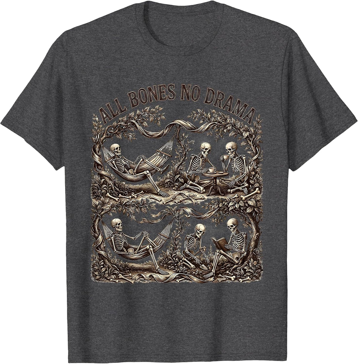 All Bones No Drama Funny Skeleton Design T-Shirt - Dark Heather Grey