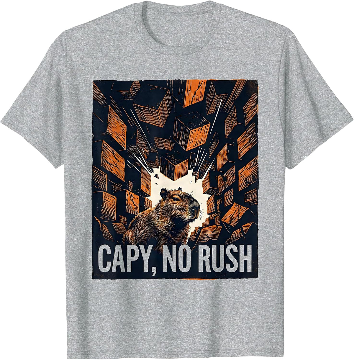 Men's capy no rush Linocut Funny Capybara Animal Meme Humor T-Shirt - Heather Grey