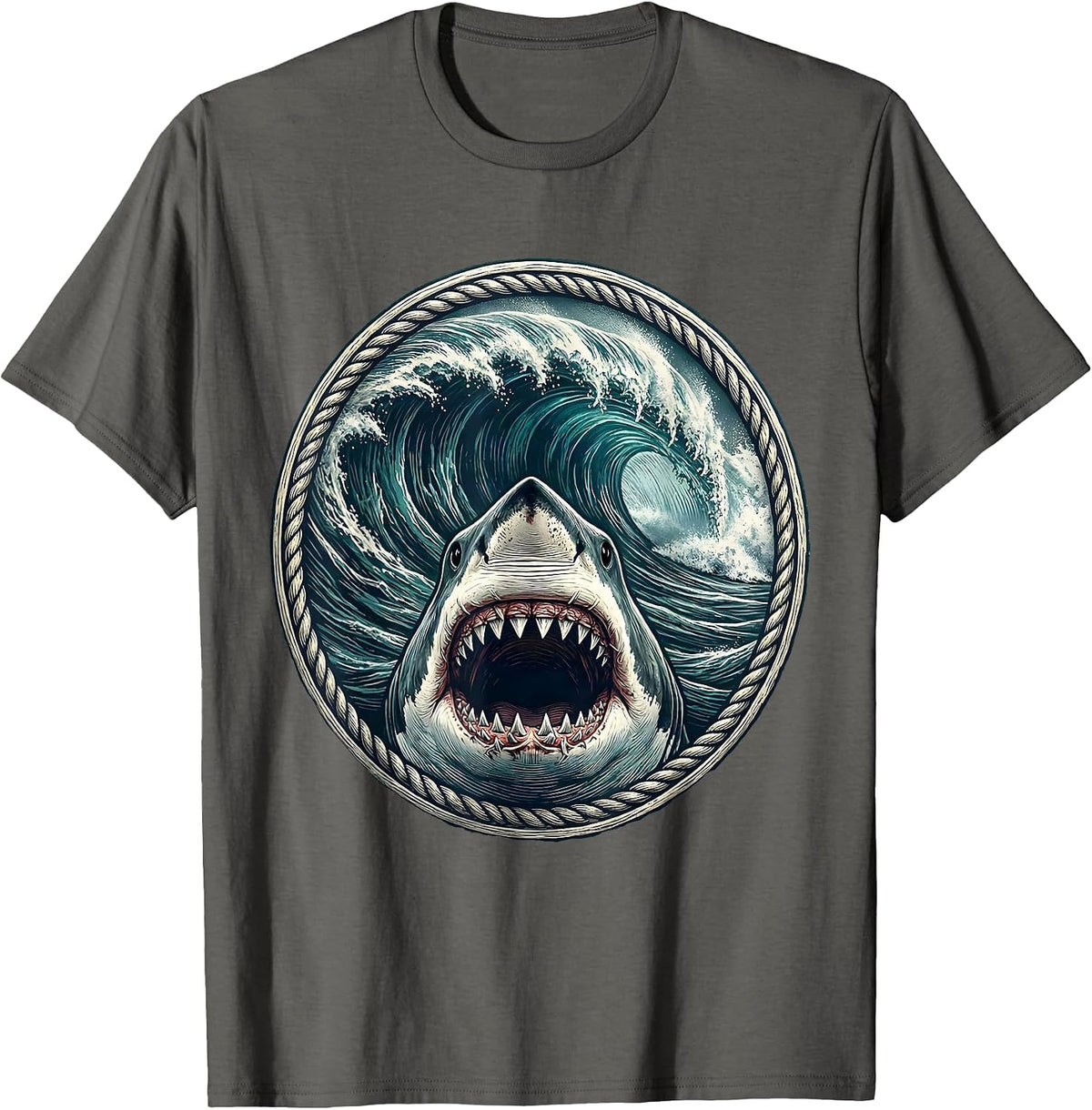 Men's Great White Shark Crashing Wave Hawaiian Graphic T-Shirt - Asphalt Grey