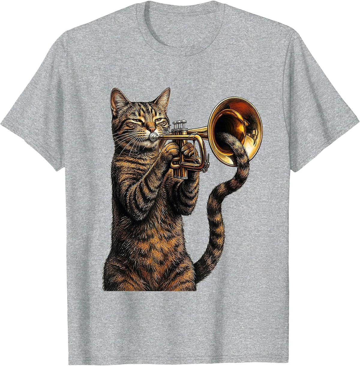 Men's Trumpet Cat Jazz Musician Funny Rock And Roll T-Shirt - Heather Grey