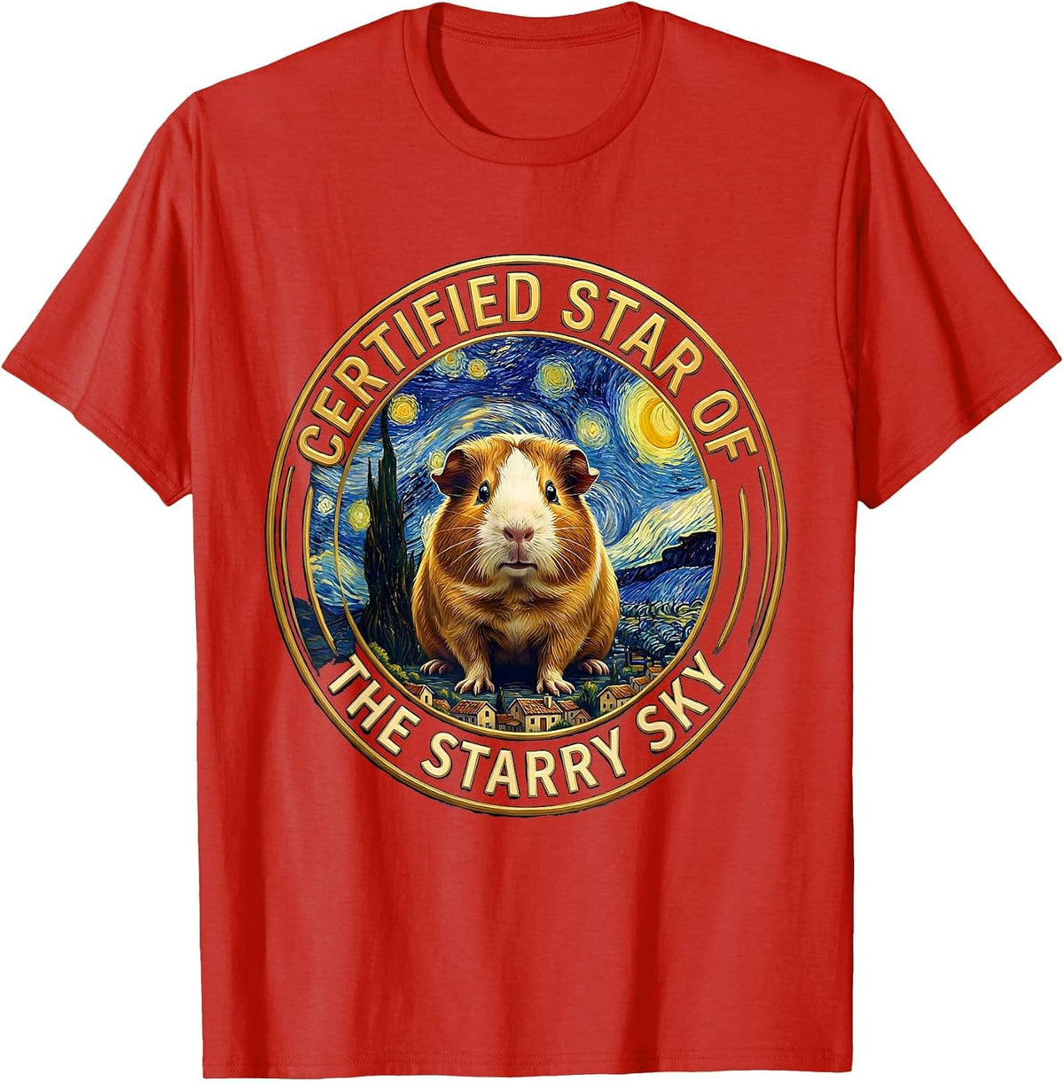 Certified Star Of The Starry Sky Funny Guinea Pig Van Gogh T-Shirt - Red