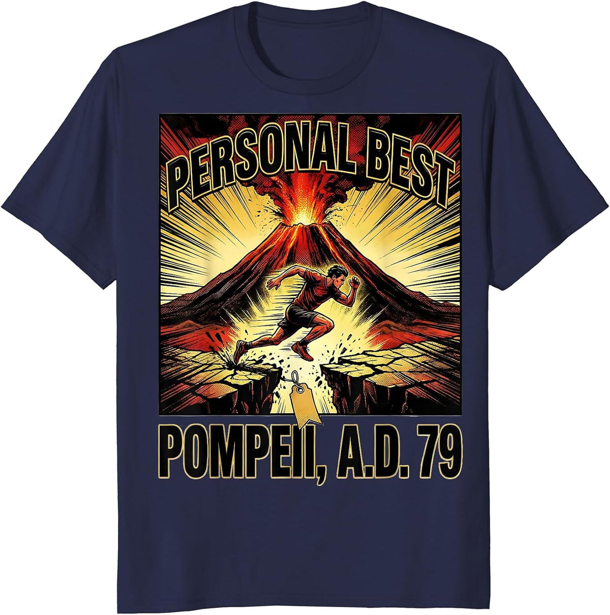 Men's Personal Best Pompeii A.D. 79 Comic Book Volcano History T-Shirt - Navy Blue