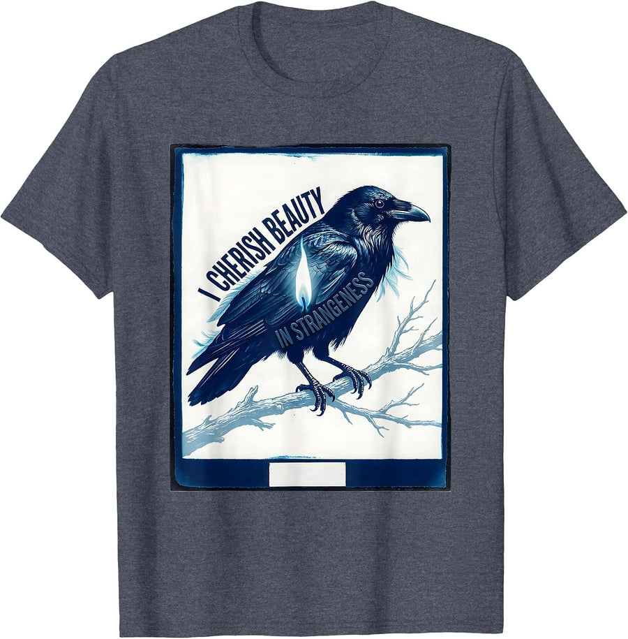 I Cherish Beauty In Strangeness Gothic Edgar Allan Poe Raven T-Shirt - Heather Blue