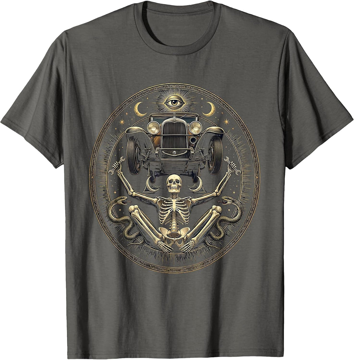 Men's Skeleton Mechanic Under Car Graphic Design T-Shirt - Asphalt Grey