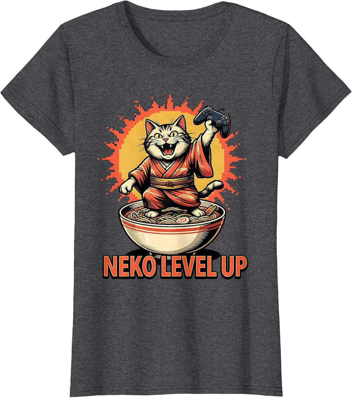 Women's Neko Level Up Cartoon Anime Cat Gaming Ramen Humor T-Shirt - Dark Heather Grey