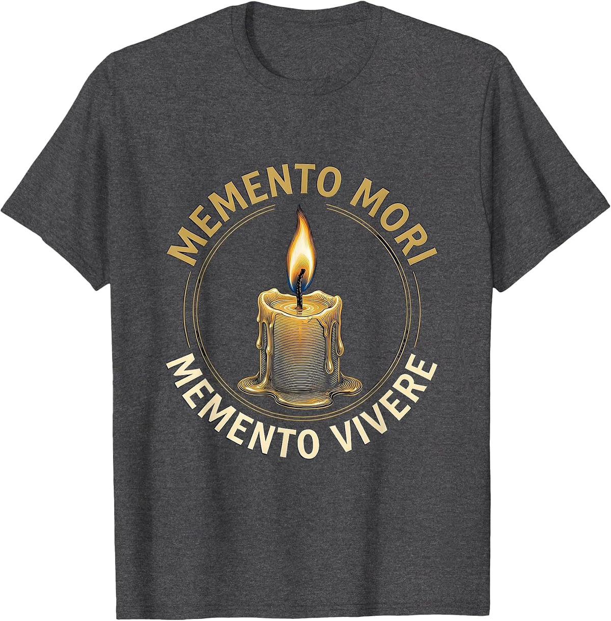 MEMENTO MORI MEMENTO VIVERE Stoic Philosophy Quote Emblem T-Shirt - Dark Heather Grey
