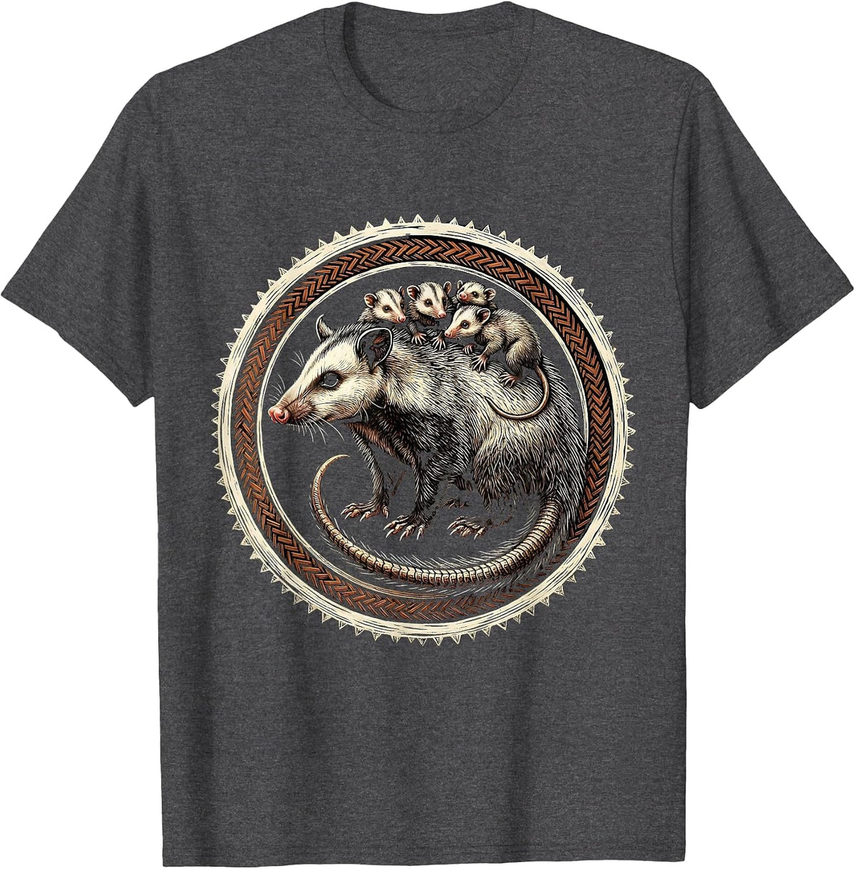 Opossum Mother and Babies Wildlife Illustration T-Shirt - Dark Heather Grey