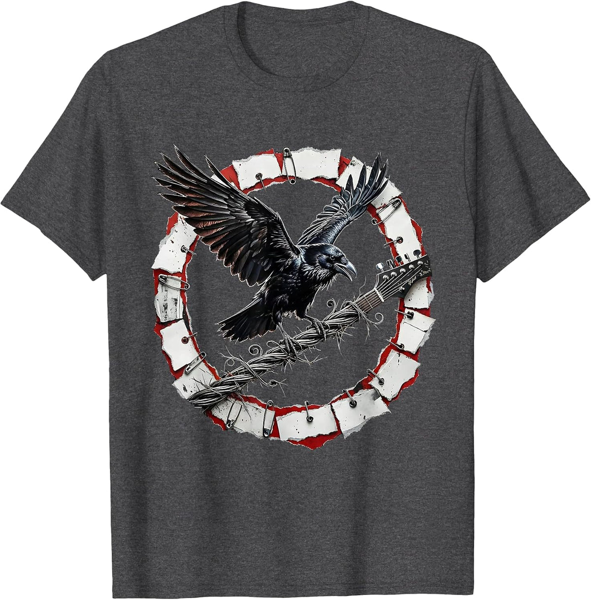 Men's Raven on Broken Guitar String Rock Art Design T-Shirt - Dark Heather Grey