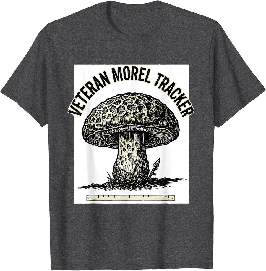 Men's Veteran Morel Tracker Woodcut Engraving Mushroom Forager T-Shirt - Dark Heather Grey