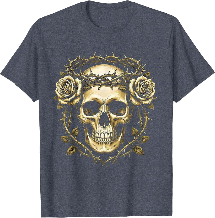 Skull with Thorns and Roses Crown Graphic T-Shirt - Heather Blue
