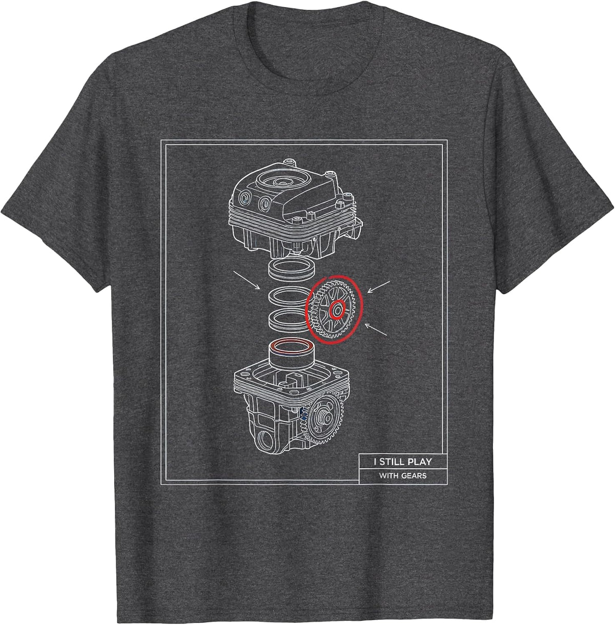 Men's I Still Play With Gears Technical Blueprint Mechanic Engine T-Shirt - Dark Heather Grey