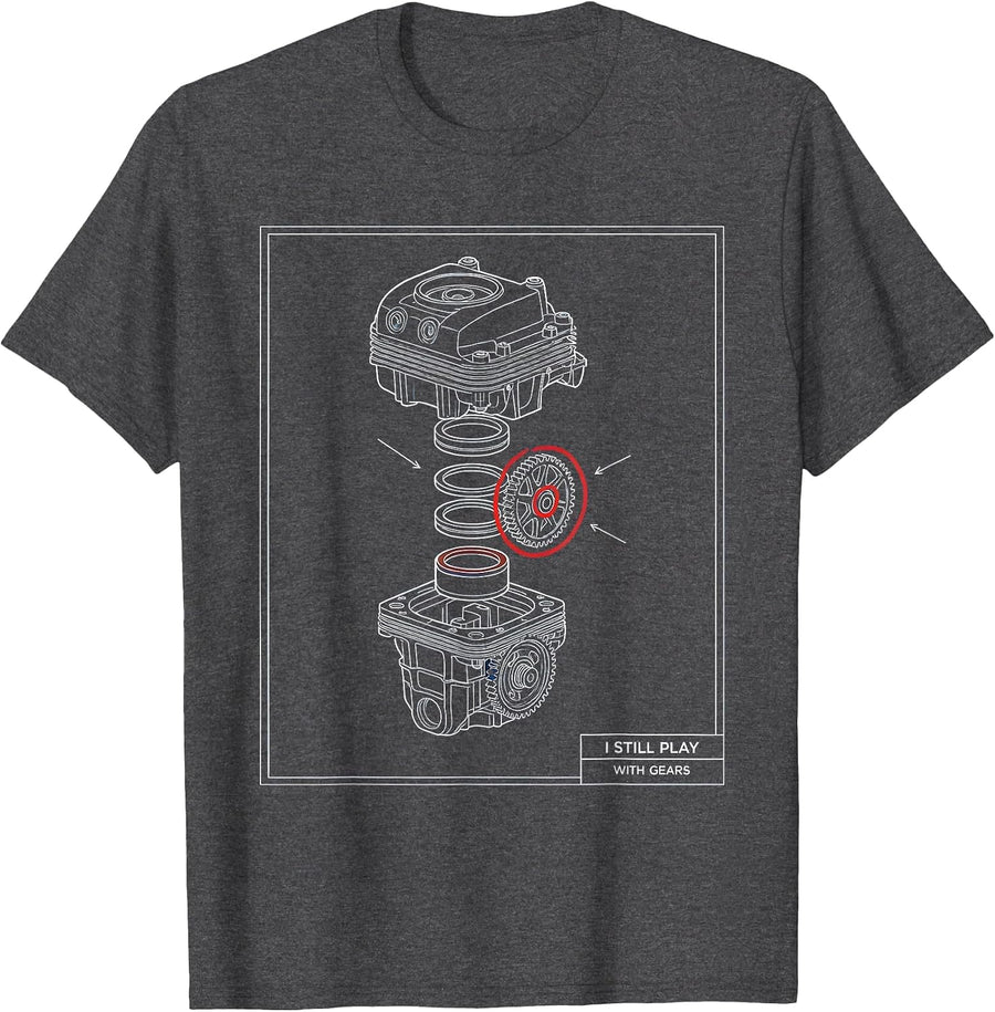 Men's I Still Play With Gears Technical Blueprint Mechanic Engine T-Shirt - Dark Heather Grey