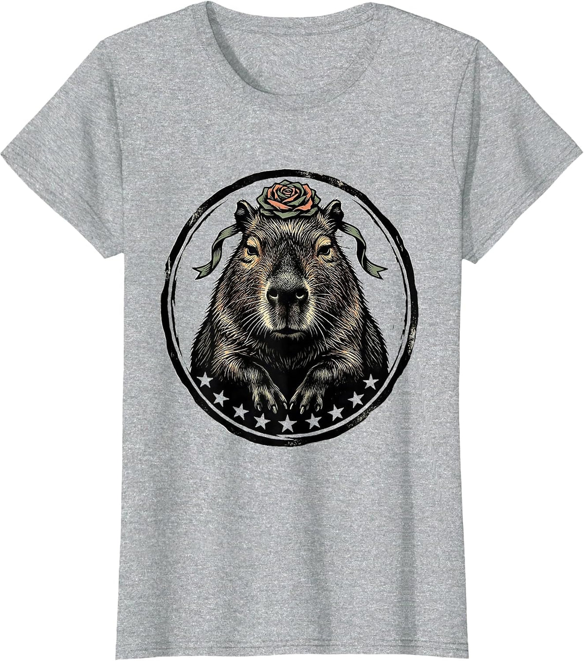 Seated Capybara Linocut Sarcastic Humor Novelty T-Shirt - Heather Grey