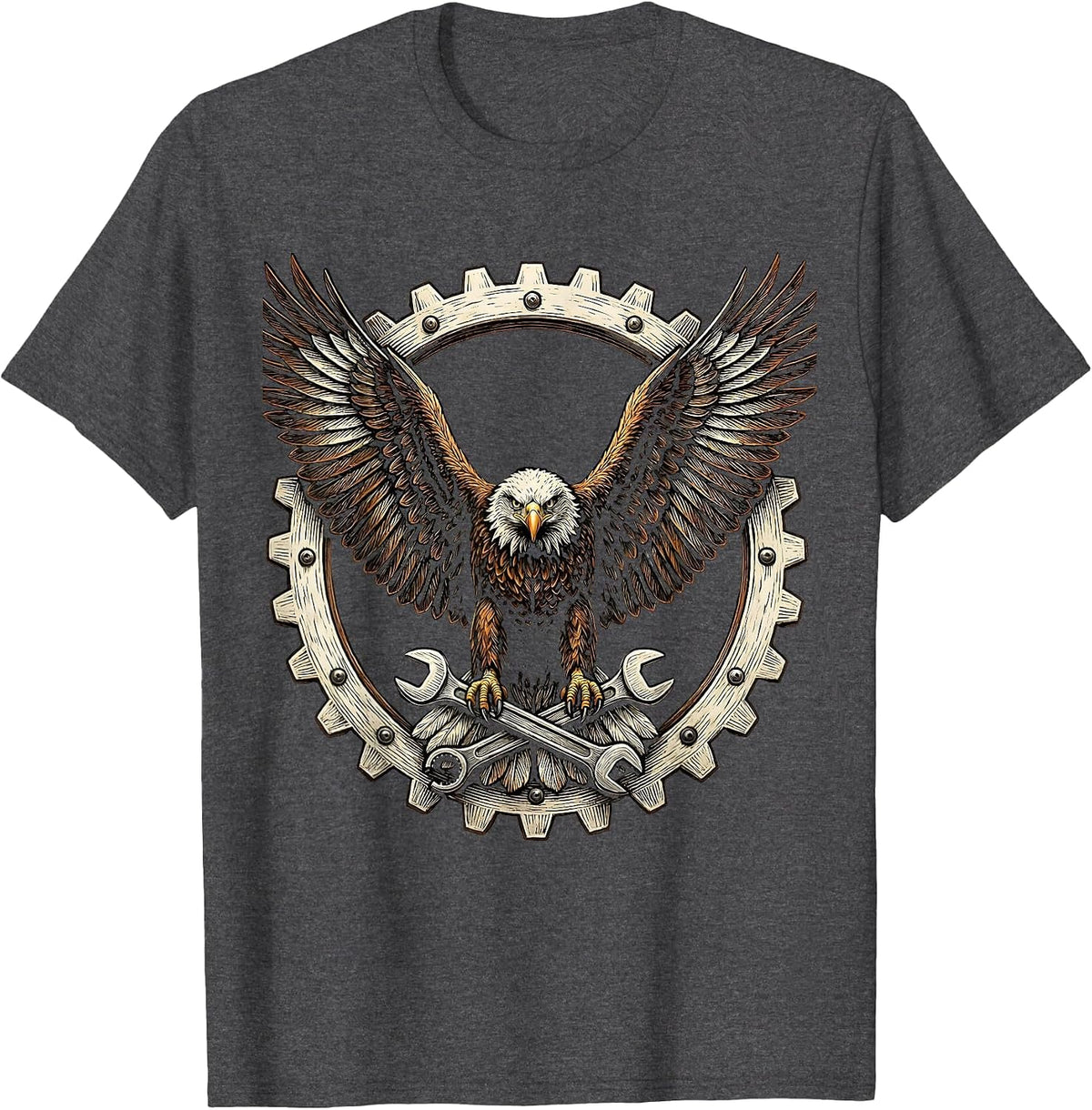 Mechanic Eagle Patch Jacket Back Graphic Tee T-Shirt - Dark Heather Grey
