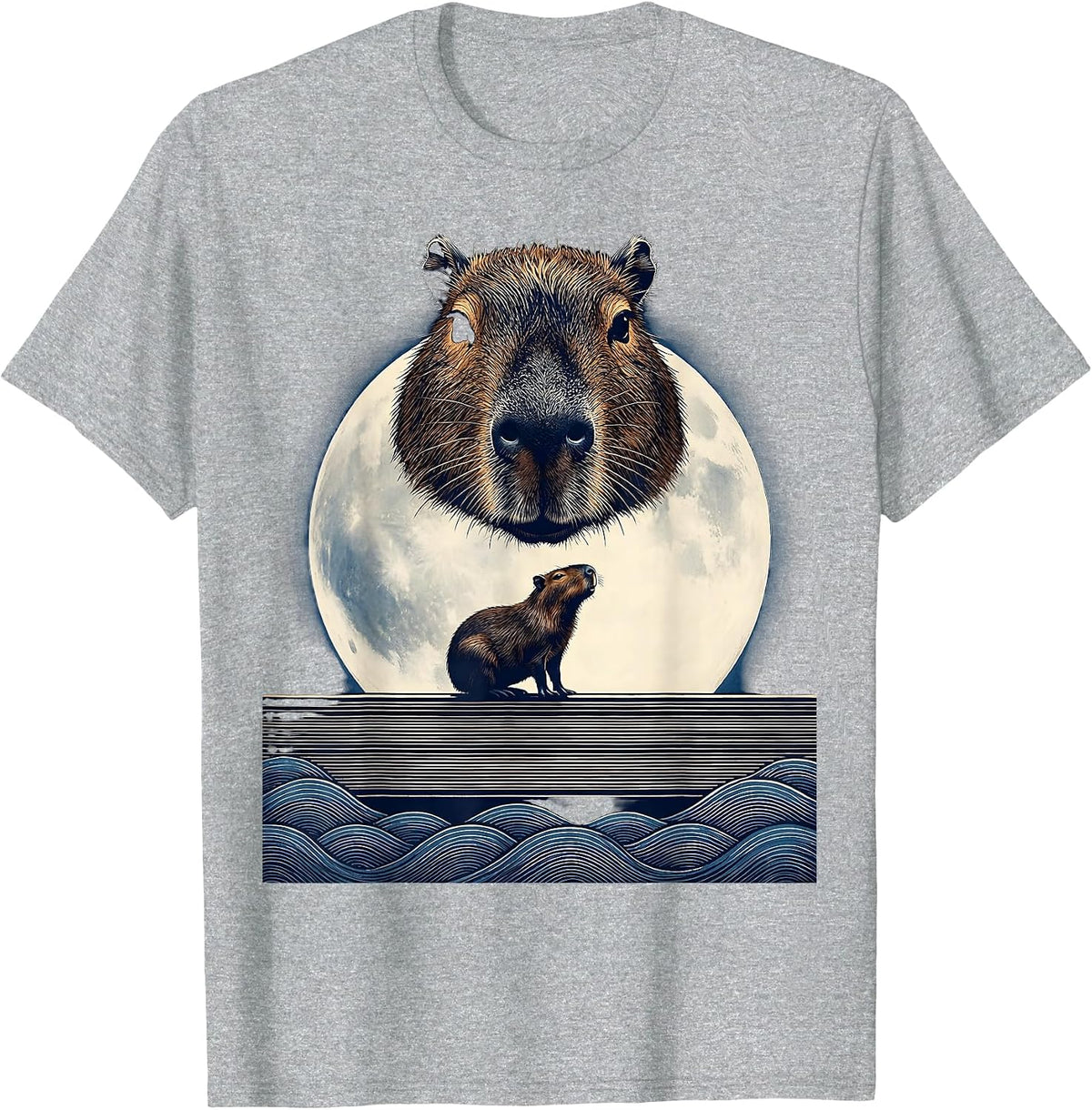 Men's Capybara Head Mask Ukiyo-e Howling Moon Meme T-Shirt - Heather Grey