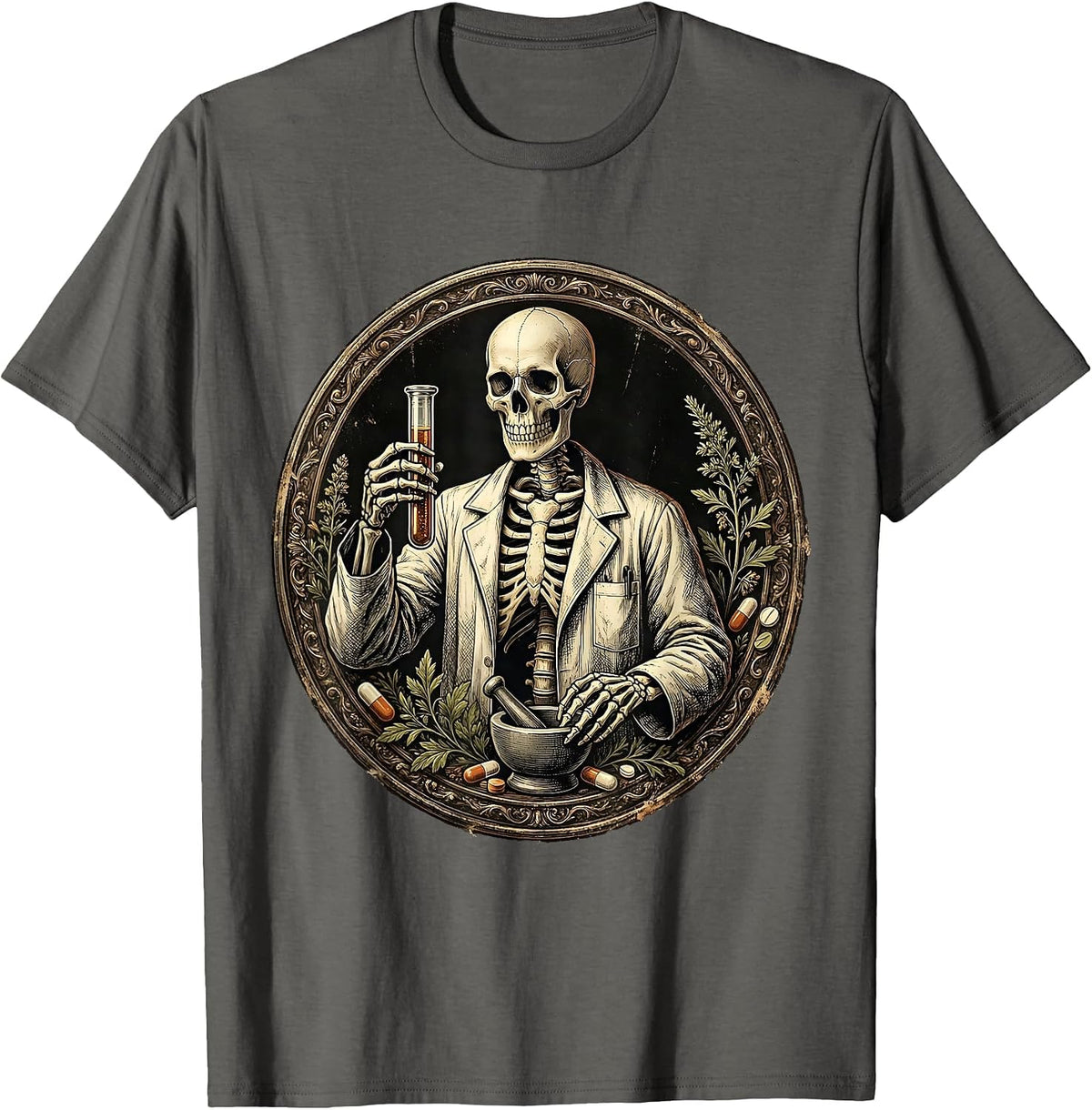 Skeleton Pharmacy Technician Lab Coat Medicine Vial T-Shirt - Asphalt Grey