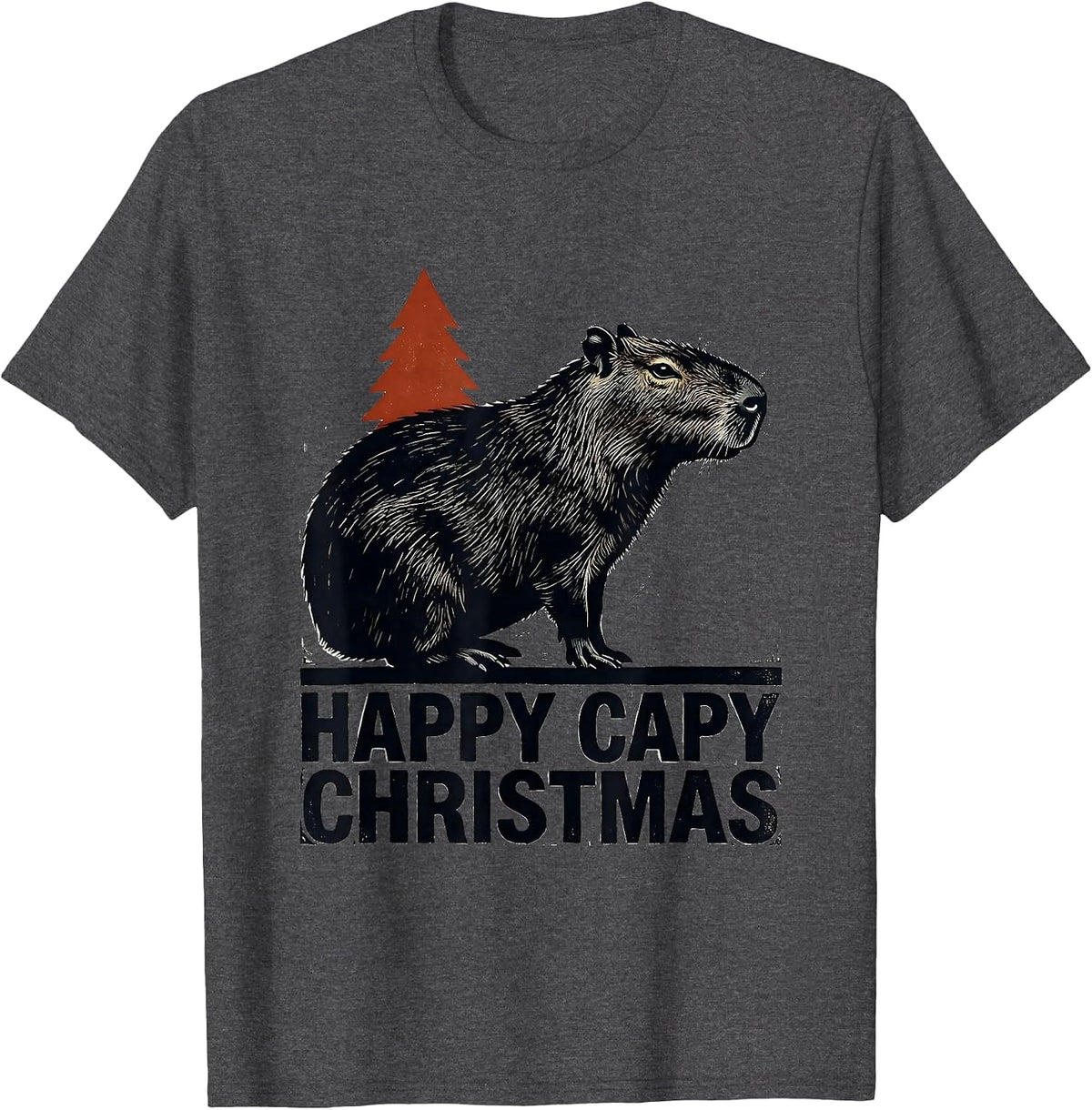 Men's Happy Capy Christmas Linocut Capybara Lover Family Humor T-Shirt - Dark Heather Grey