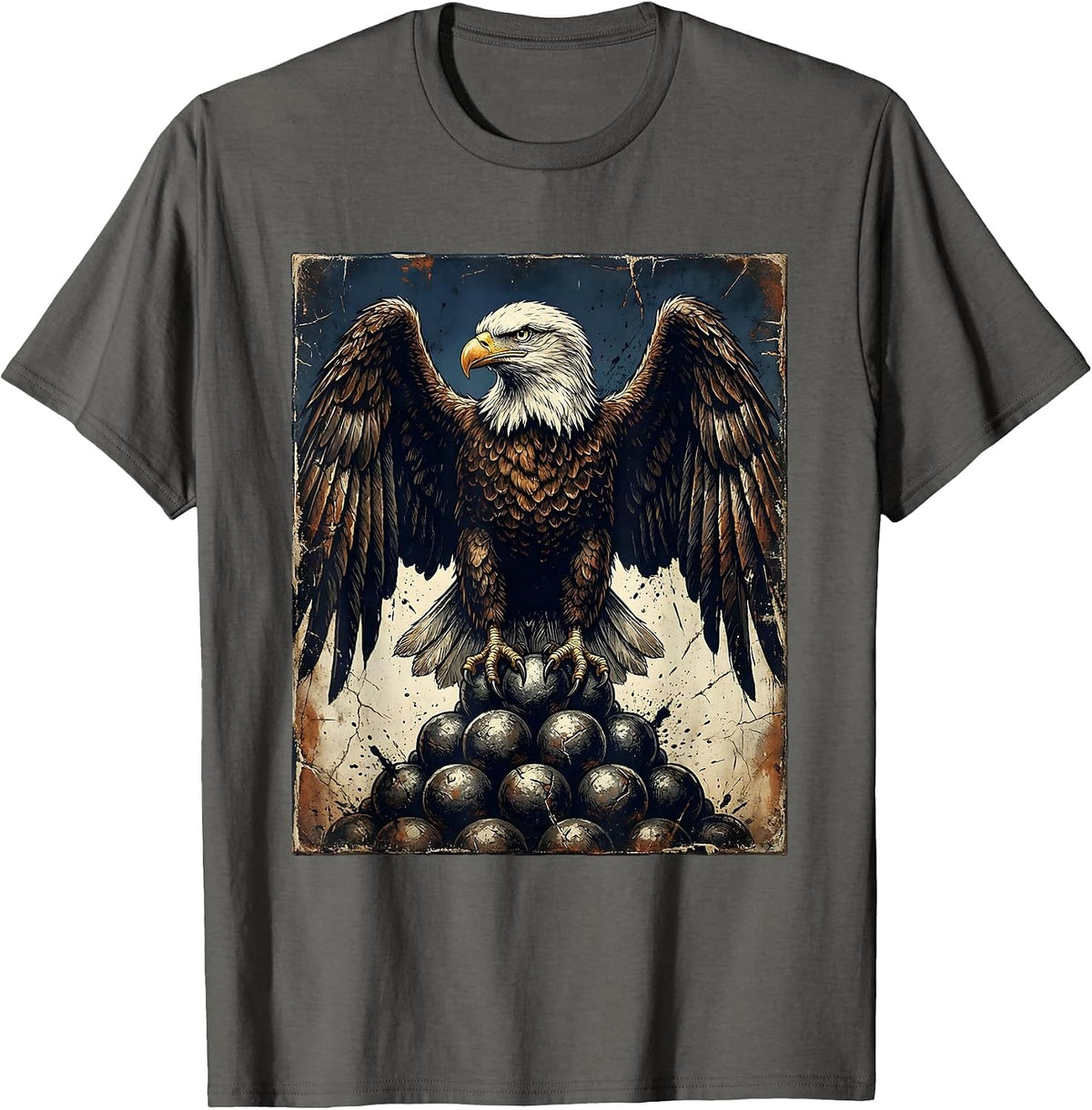 Eagle and Cannonballs 1776 Patriotic Illustration T-Shirt - Asphalt Grey