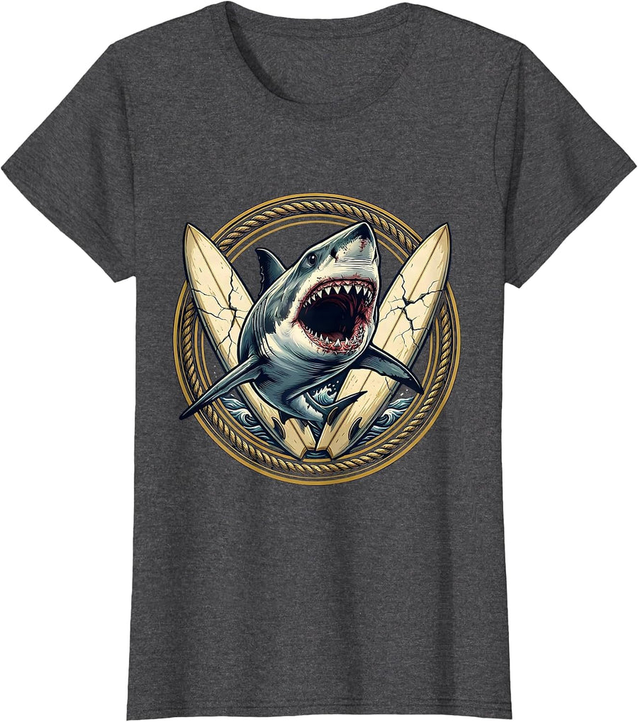 Women's Shark Bursting Through Vintage Surfboard Graphic T-Shirt - Dark Heather Grey