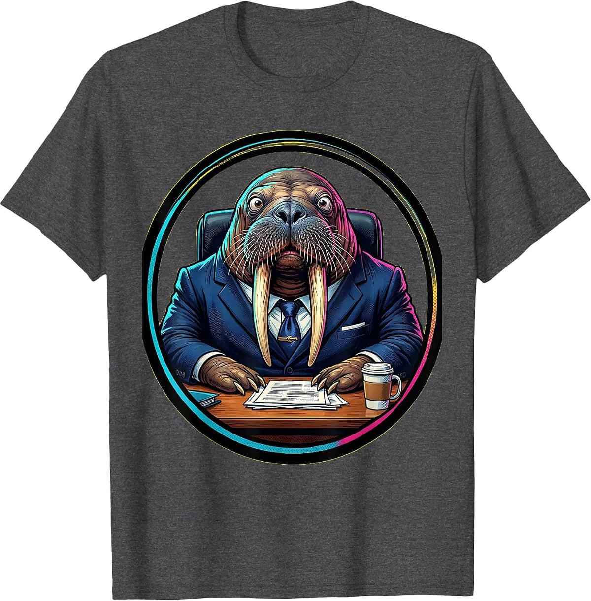 Men's Funny Walrus Business Suit Office Desk Graphic T-Shirt - Dark Heather Grey