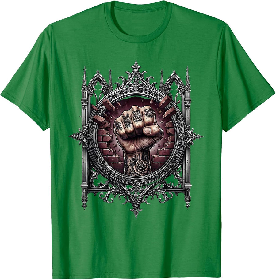 Men's Tattooed Fist Through Brick Wall Rock Art T-Shirt - Kelly Green