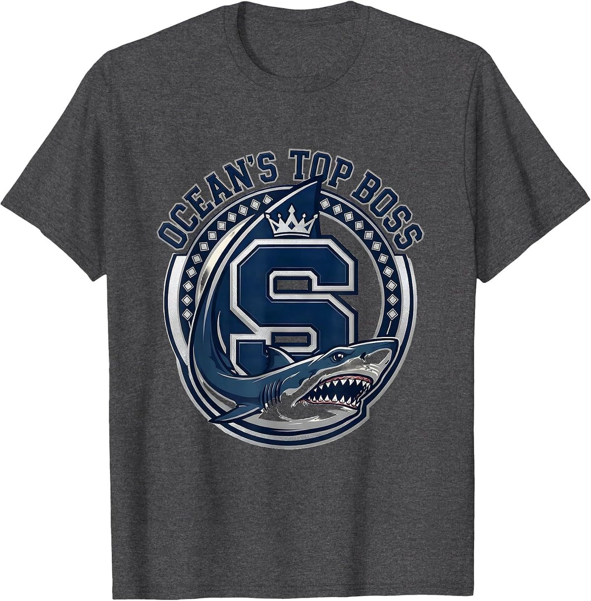 Ocean's Top Boss Shark Graphic Design T-Shirt - Dark Heather Grey