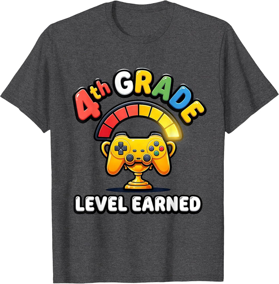 Men's 4th Grade Level Earned Back To School Gamer First Day Grade T-Shirt - Dark Heather Grey