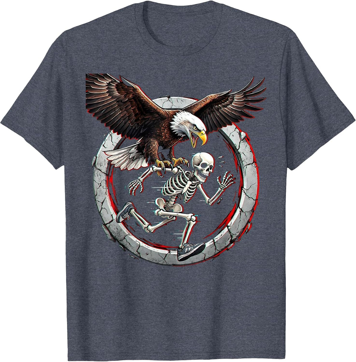 Skeleton Chased by Bald Eagle Patriotic Design T-Shirt - Heather Blue