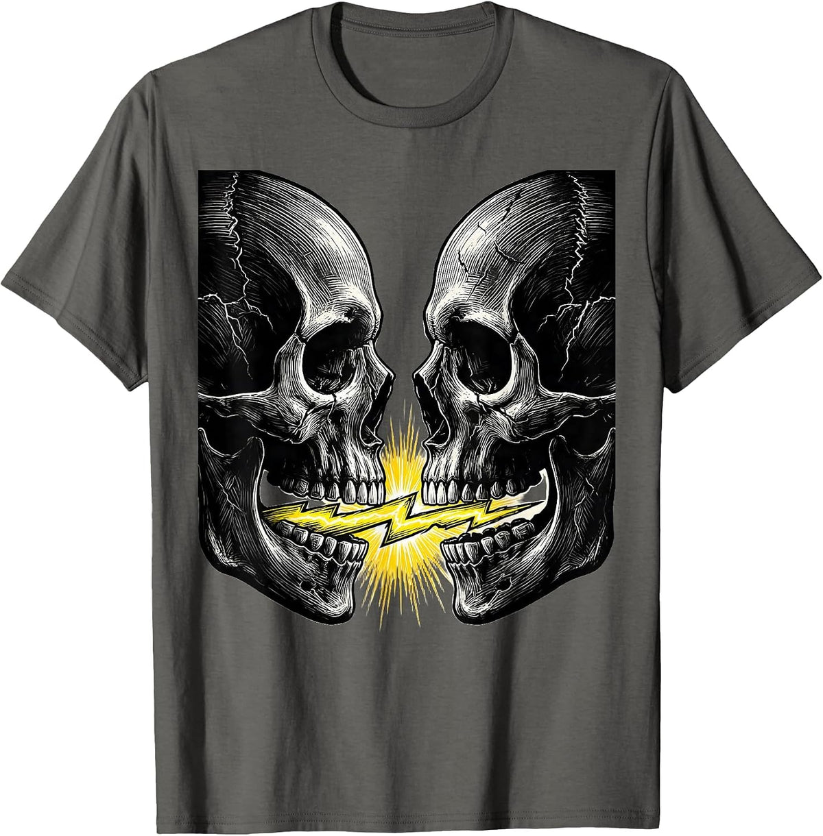 Men's Dual Skulls Lightning Strike Graphic Design T-Shirt - Asphalt Grey