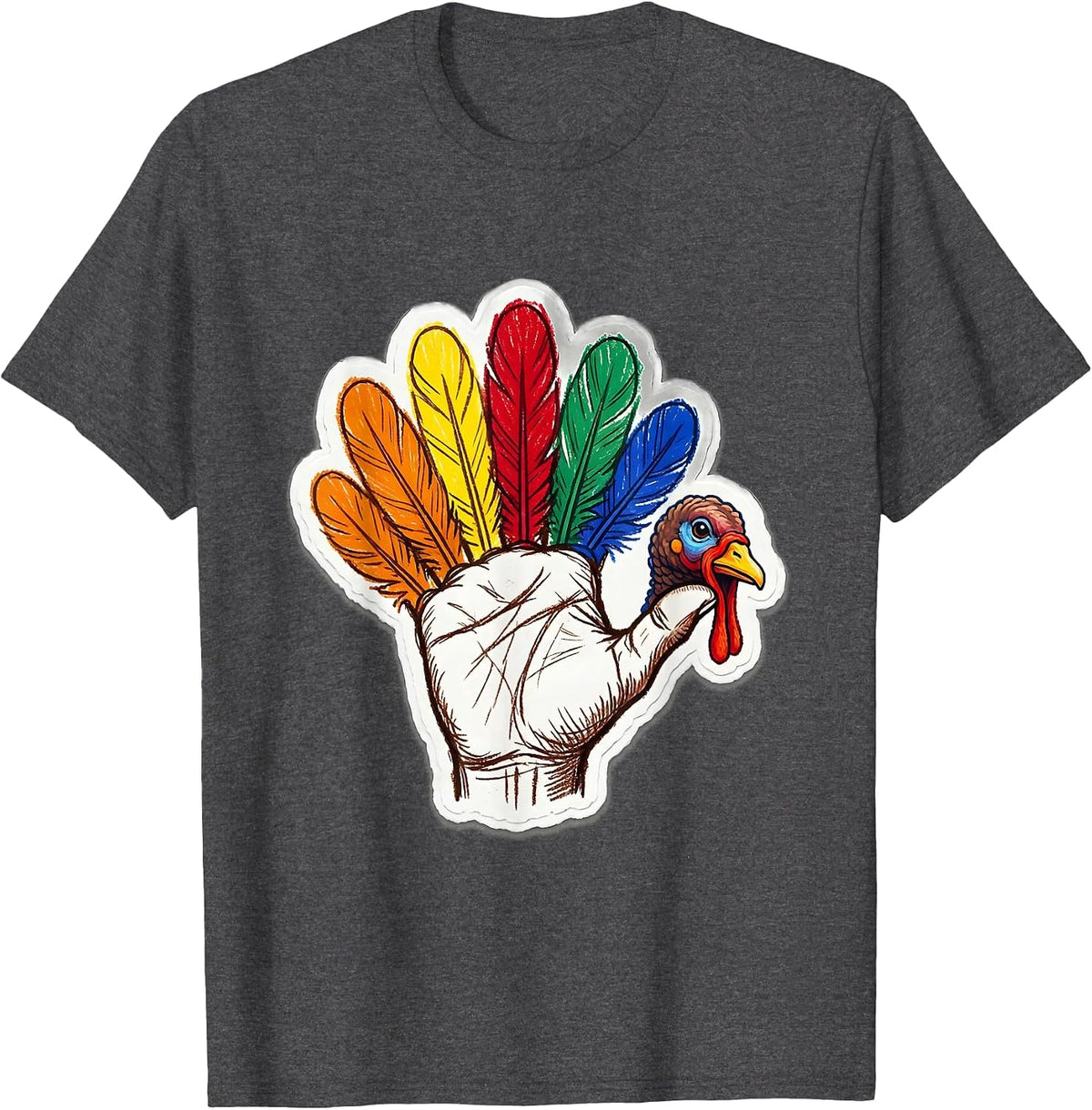 Hand Turkey Drawing Wobbly Fingers Kindergarten Art T-Shirt - Dark Heather Grey