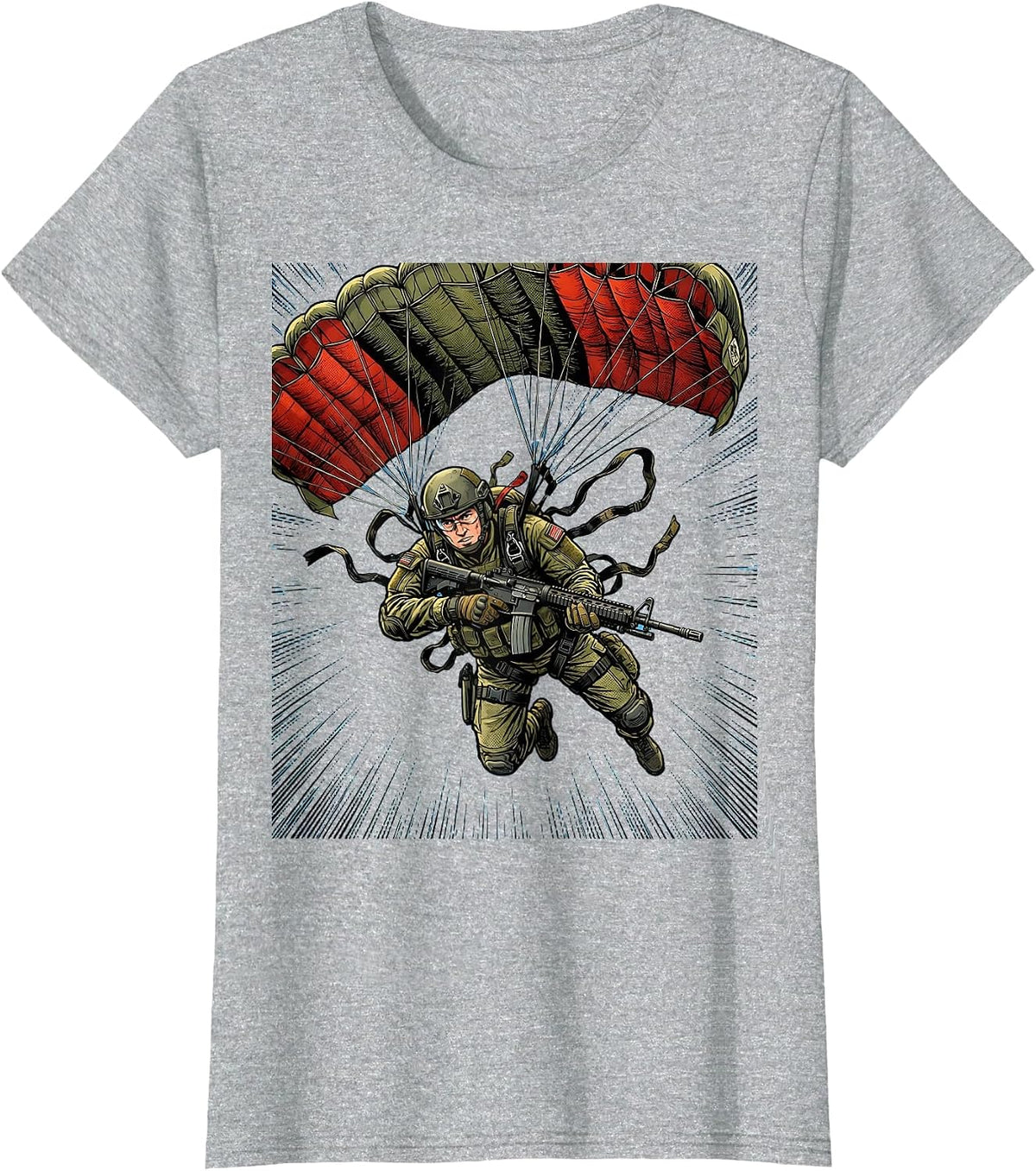 Paratrooper Mid-Air Freefall Military Illustration T-Shirt - Heather Grey