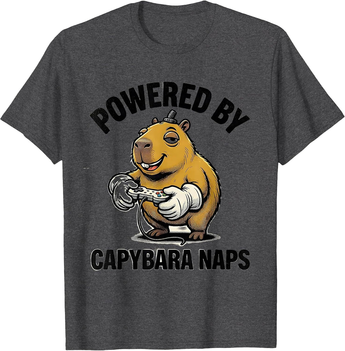 Powered By Capybara Naps Retro Cartoon Funny Gamer Meme T-Shirt - Dark Heather Grey