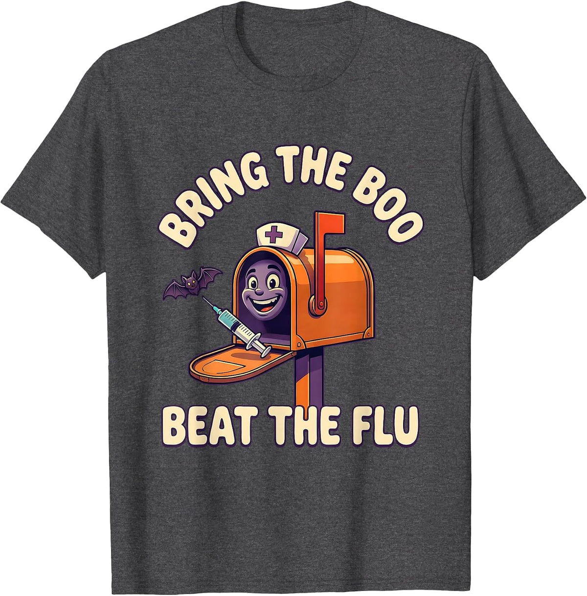 Bring The Boo Beat The Flu Funny Nurse Halloween Vaccine T-Shirt - Dark Heather Grey