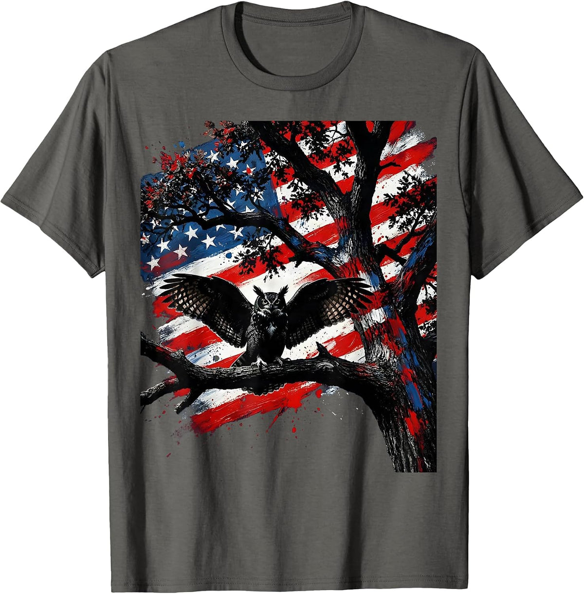 Camo Owl Perched in Oak Tree Illustration T-Shirt - Asphalt Grey