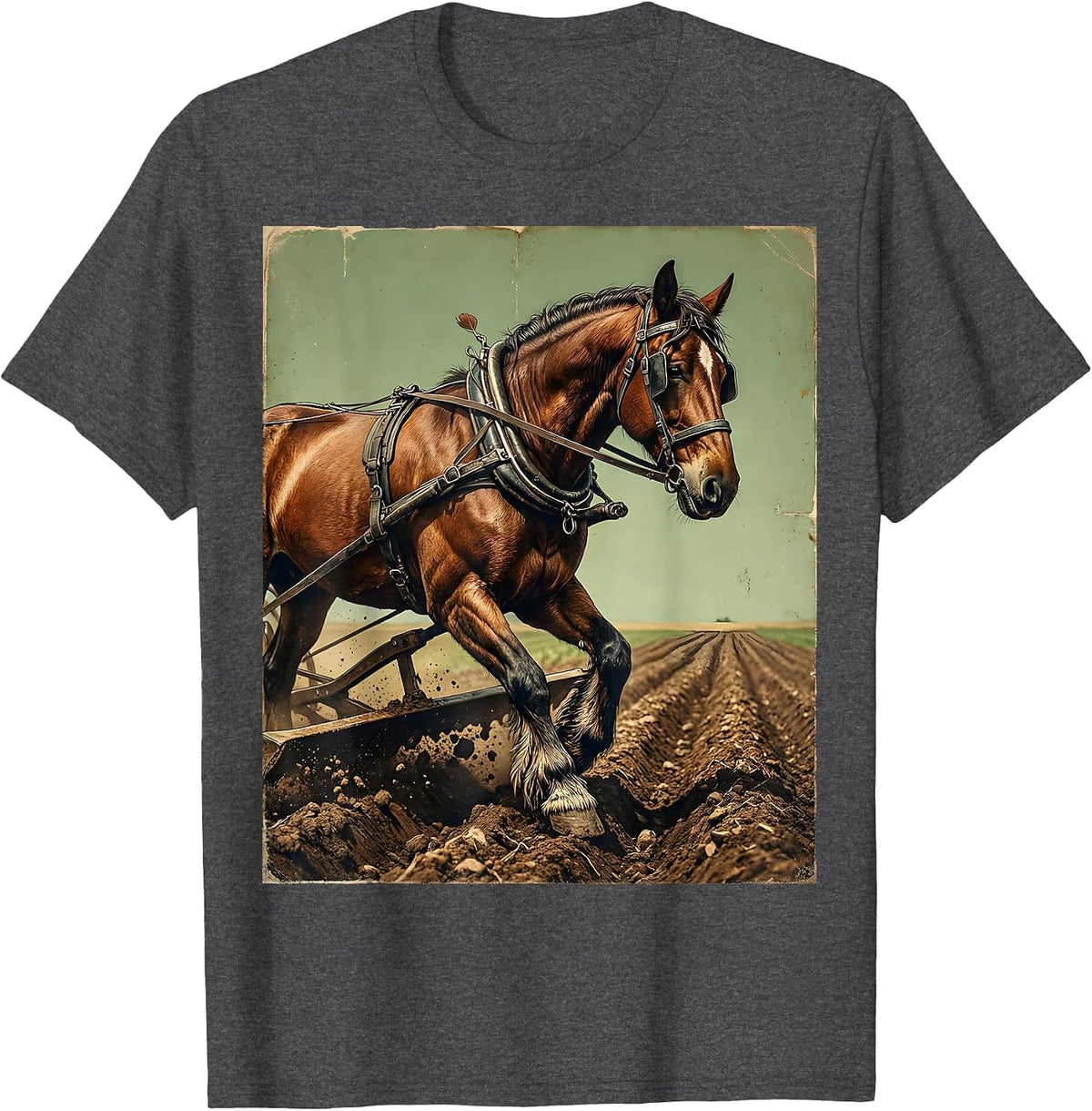 Draft Horse Pulling Plow Through Field Illustration T-Shirt - Dark Heather Grey
