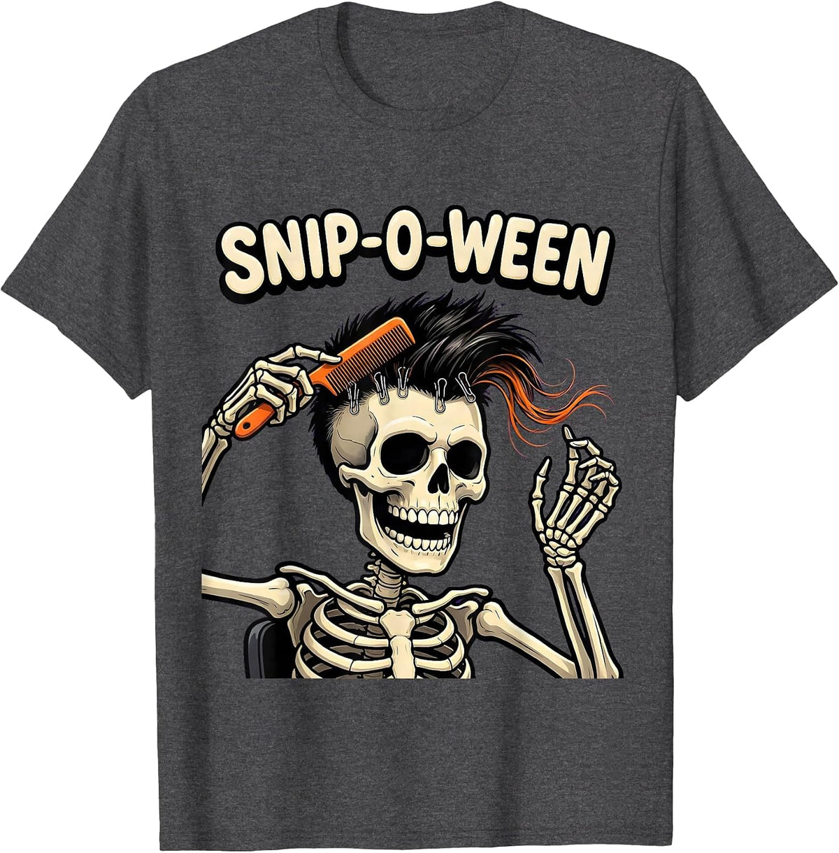 Men's Snip-o-Ween Cartoon Skeleton Hairstylist Halloween Barber T-Shirt - Dark Heather Grey