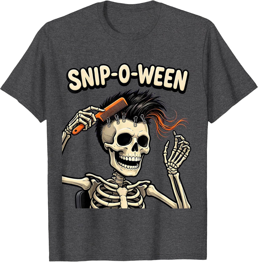 Men's Snip-o-Ween Cartoon Skeleton Hairstylist Halloween Barber T-Shirt - Dark Heather Grey