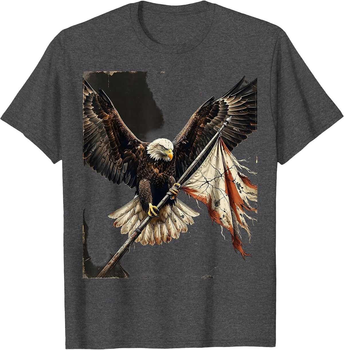 Men's Eagle Clutching Flag Pole Patriotic Illustration T-Shirt - Dark Heather Grey
