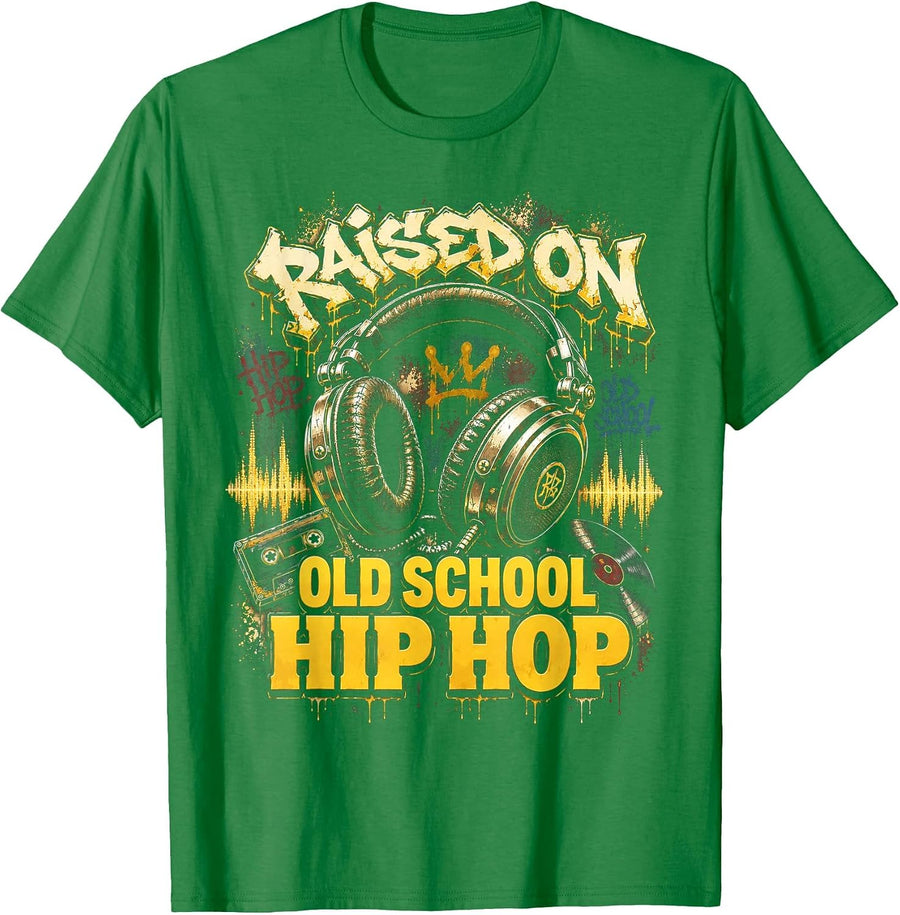 Raised On Old School Hip Hop Cassette Graffiti Rap T-Shirt, Men, Kelly Green, X-Large - As Pictured
