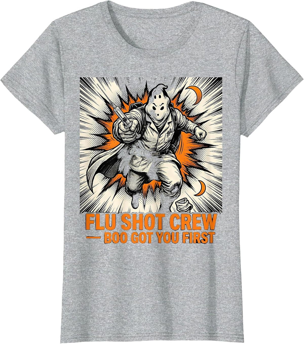 Flu Shot Crew Boo Got You First Funny Nurse Ghost Halloween T-Shirt - Heather Grey