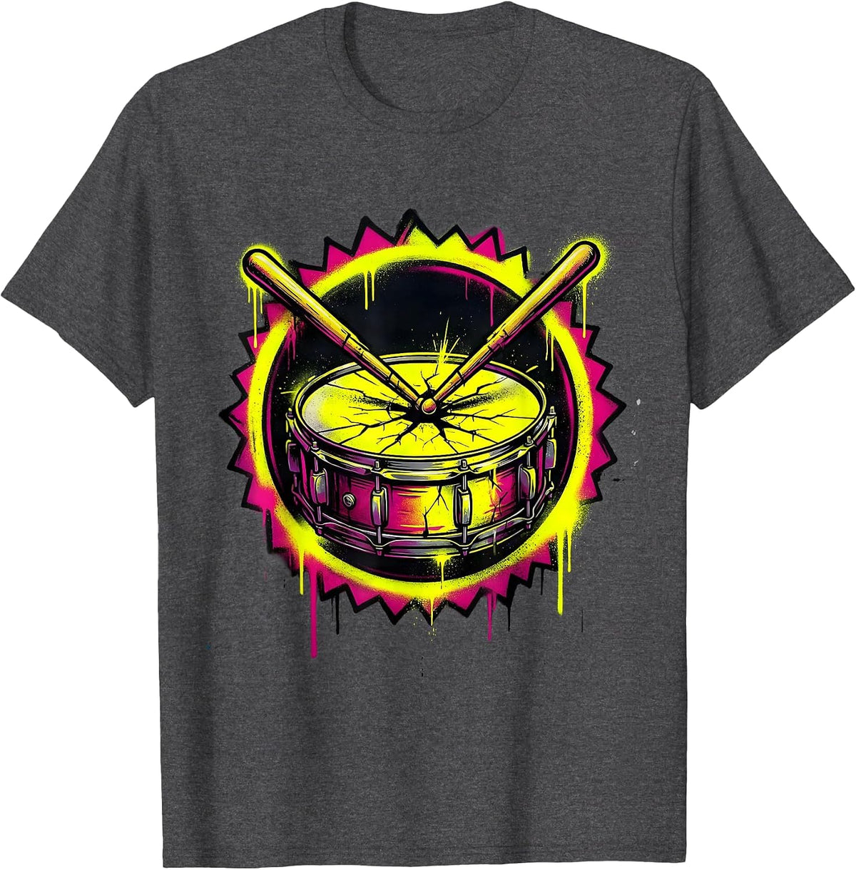 Crossed Drumsticks Cracked Snare Drum Graphic T-Shirt - Dark Heather Grey