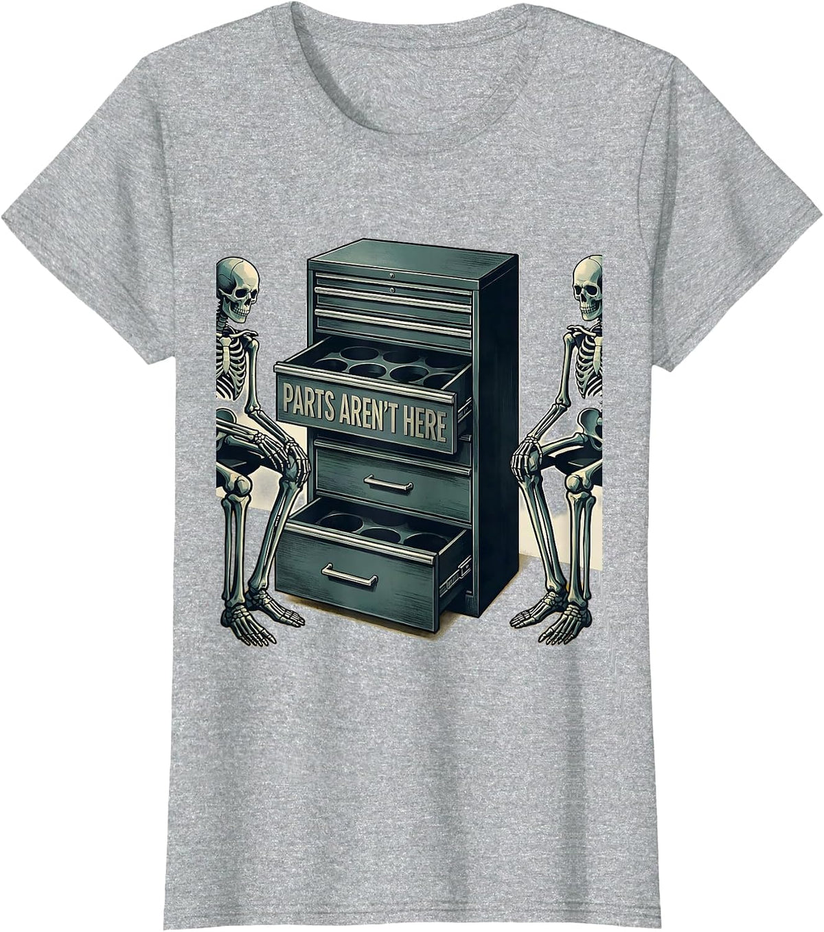 Women's PARTS AREN'T HERE Funny Mechanic Skeleton Auto Repair Life T-Shirt - Heather Grey