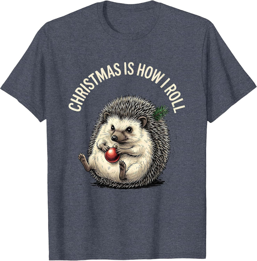 Christmas Is How I Roll Cute Hedgehog Animal Lover Humor T-Shirt - Heather Blue