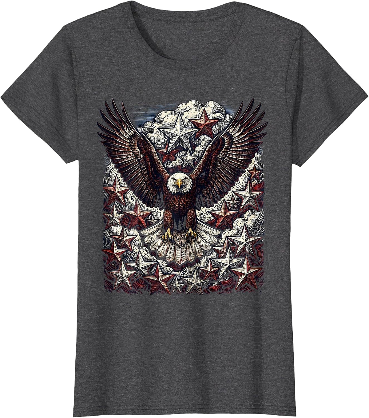 Women's American Flag Eagle Flying Through Stars T-Shirt - Dark Heather Grey