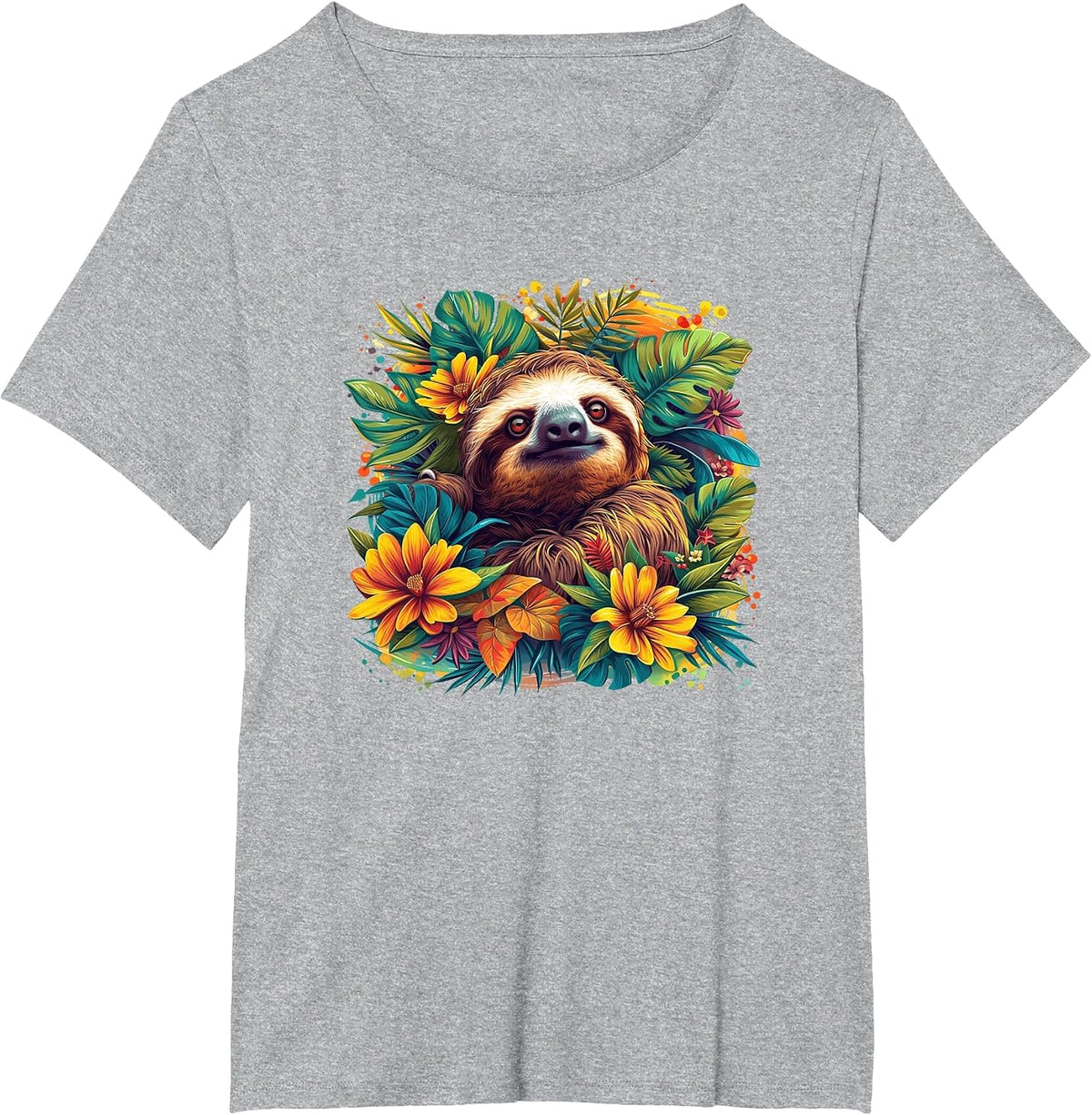 Mens Womens Kids Funny Design Tropical Flowers Sloth Lover T-Shirt - Heather Grey